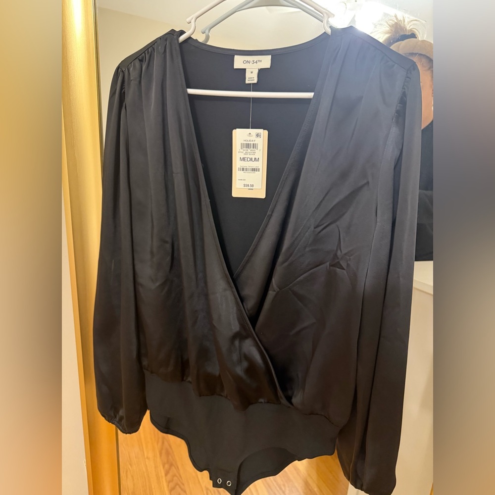 On-Shelf Black Satin Wrap-Front Blouse Bodysuit - Medium